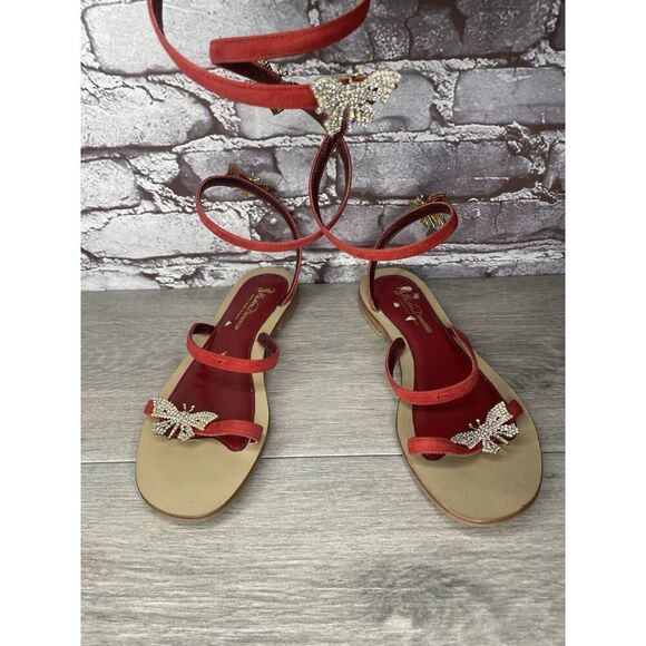 Mastro Domenico Red Leather Butterfly Rhinestone Wrap Around Sandals Women Sz 38 - Picture 1 of 16